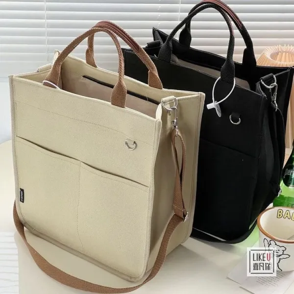 Design Canvas Tote Bag Beige with Brown Straps Handbag - 19