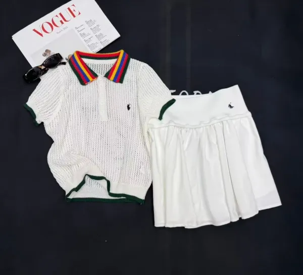 Polo Ralph Lauren Knit Polo Shirt and Pleated Skirt Set White with Rainbow Collar - 1
