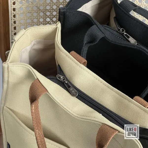 Design Canvas Tote Bag Beige with Brown Straps Handbag - 24