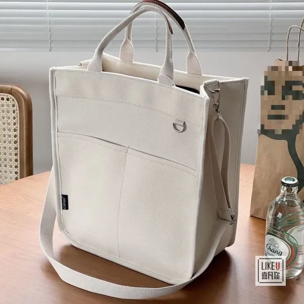 Design Canvas Tote Bag Beige with Brown Straps Handbag - 33