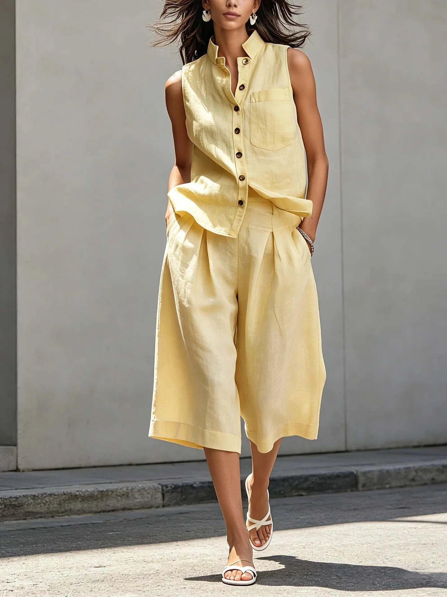 Design Sleeveless Button-Front Shirt and Wide-Leg Culottes Set White - 5