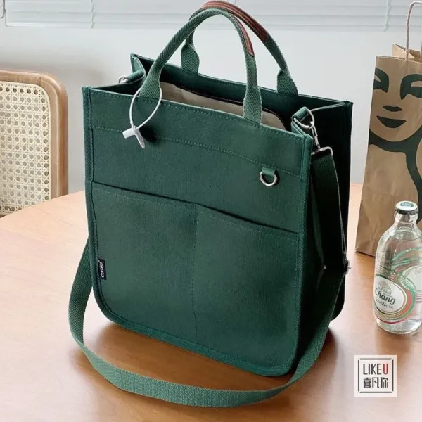 Design Canvas Tote Bag Beige with Brown Straps Handbag - 44