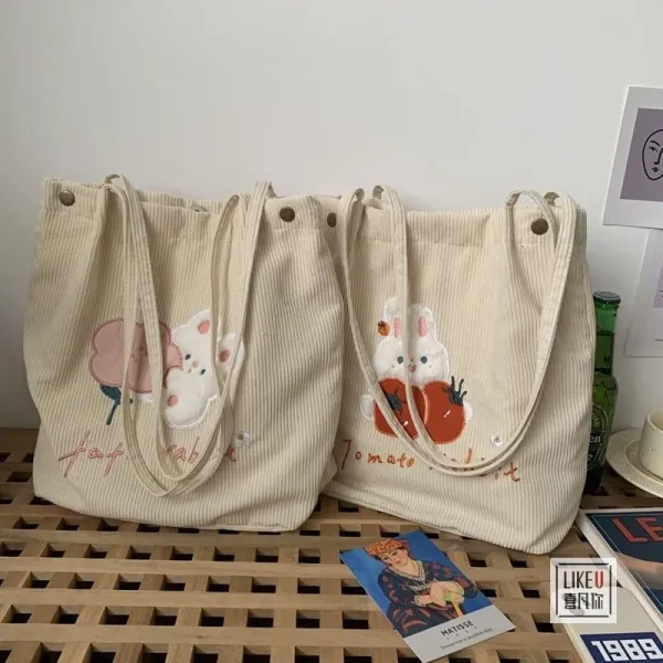 Design Tomato Rabbit Corduroy Tote Bag Beige - 11