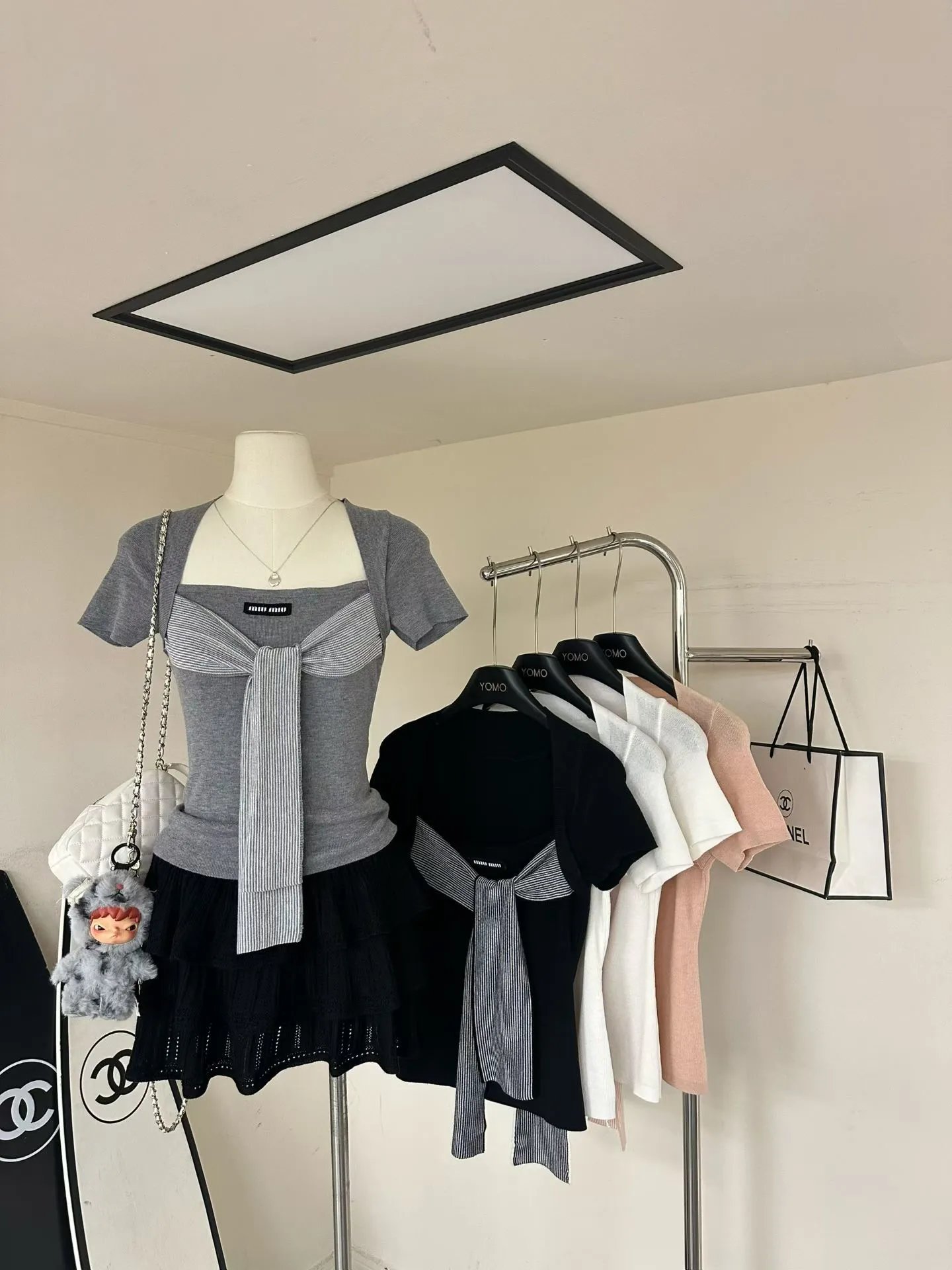 Miu Miu Knit Top with Striped Bow Detail Gray - 11