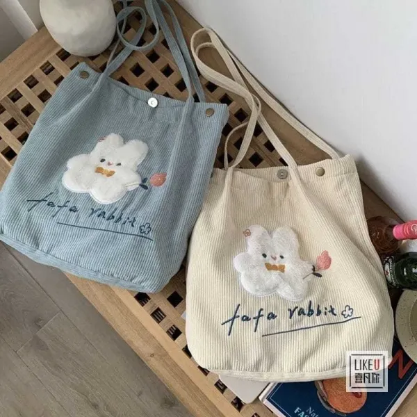 Design Tomato Rabbit Corduroy Tote Bag Beige - 26