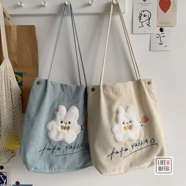 Design Tomato Rabbit Corduroy Tote Bag Beige - 31