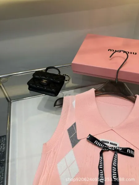 Miu Miu Argyle Knit Vest Top White with Logo Ribbon - 5