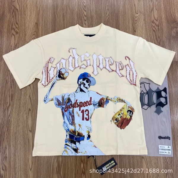 Godspeed Skeleton Baseball Player Graphic T-Shirt Beige - 1