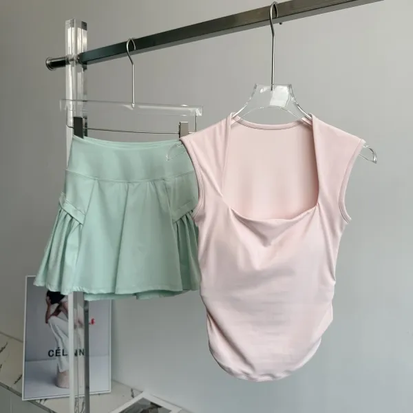Design Square-Neck Sleeveless Top Beige + Pleated Skort Orange Activewear Set - 11