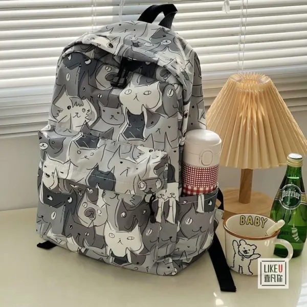 Design Cat Print Gray Multicolor Casual Backpack - 7