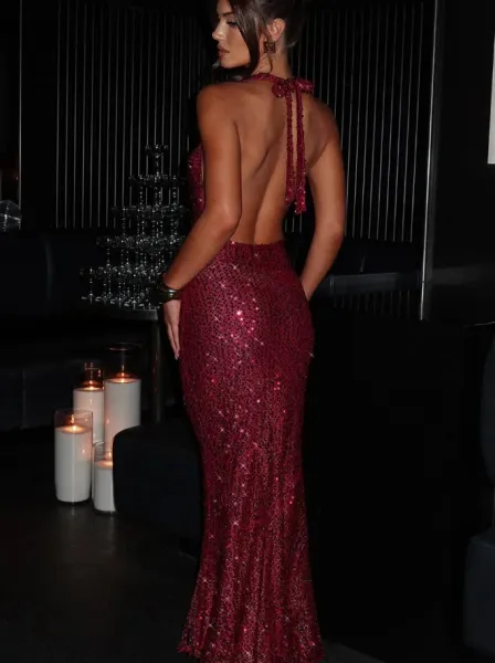 Design Sheer Sequined Halter Gown Black Dress - 31
