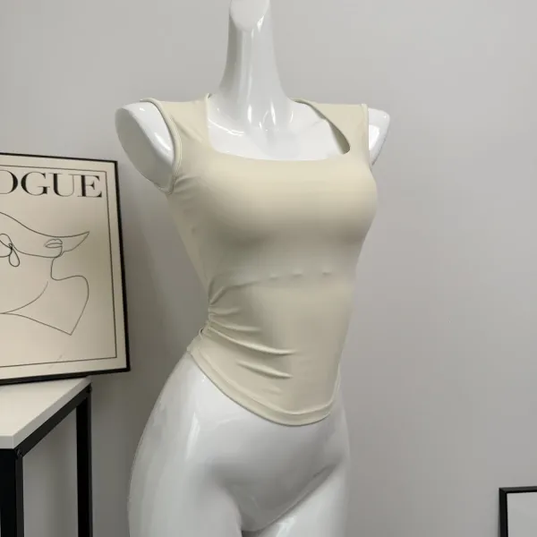 Design Square-Neck Sleeveless Top Beige + Pleated Skort Orange Activewear Set - 13