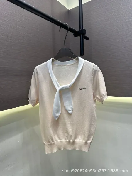 Miu Miu Knit Top with Detachable Bow Collar in Light Blue Sweater - 3
