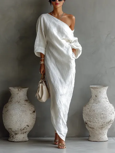 Design One-Shoulder Linen-Blend Maxi Dress Blue - 4