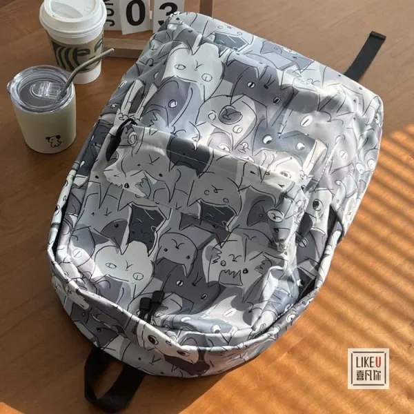 Design Cat Print Gray Multicolor Casual Backpack - 20