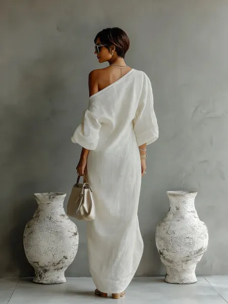 Design One-Shoulder Linen-Blend Maxi Dress Blue - 6
