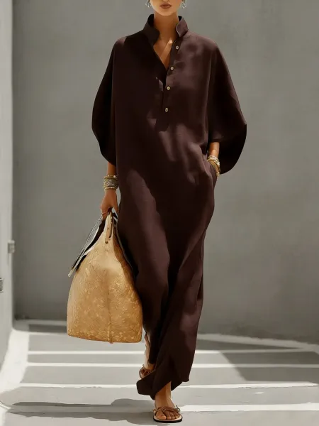 Design Wide-Sleeve Mandarin Collar Jumpsuit Burgundy Dress - 9