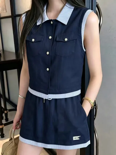 Design Sleeveless Collar Vest Set Navy with Striped Trim Skirt - 4