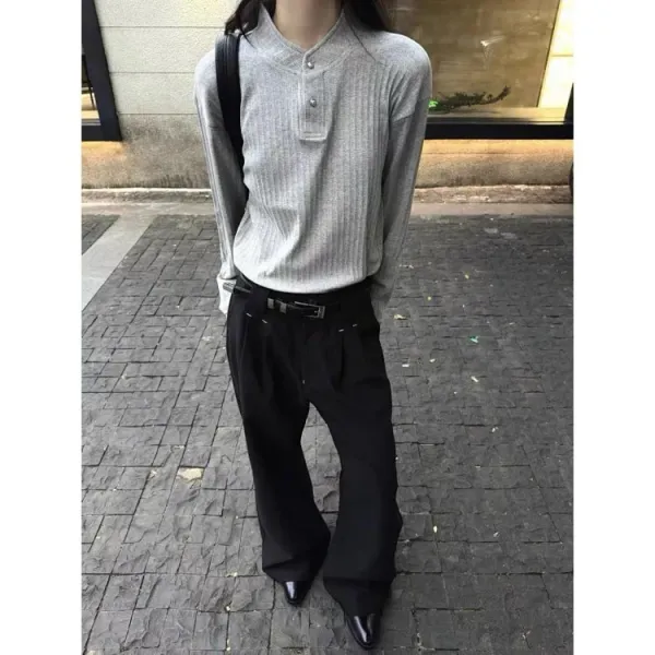 Design Henley Shirt Gray Ribbed Top - 13