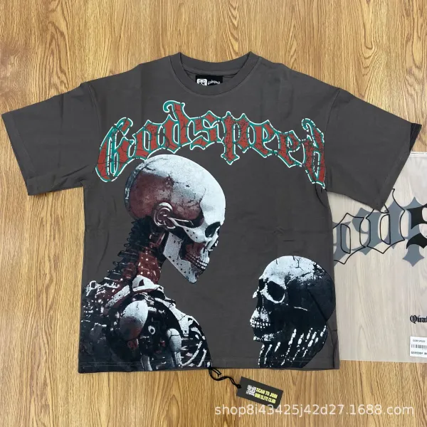Godspeed Skull Graphic Print Charcoal Gray T-Shirt - 1
