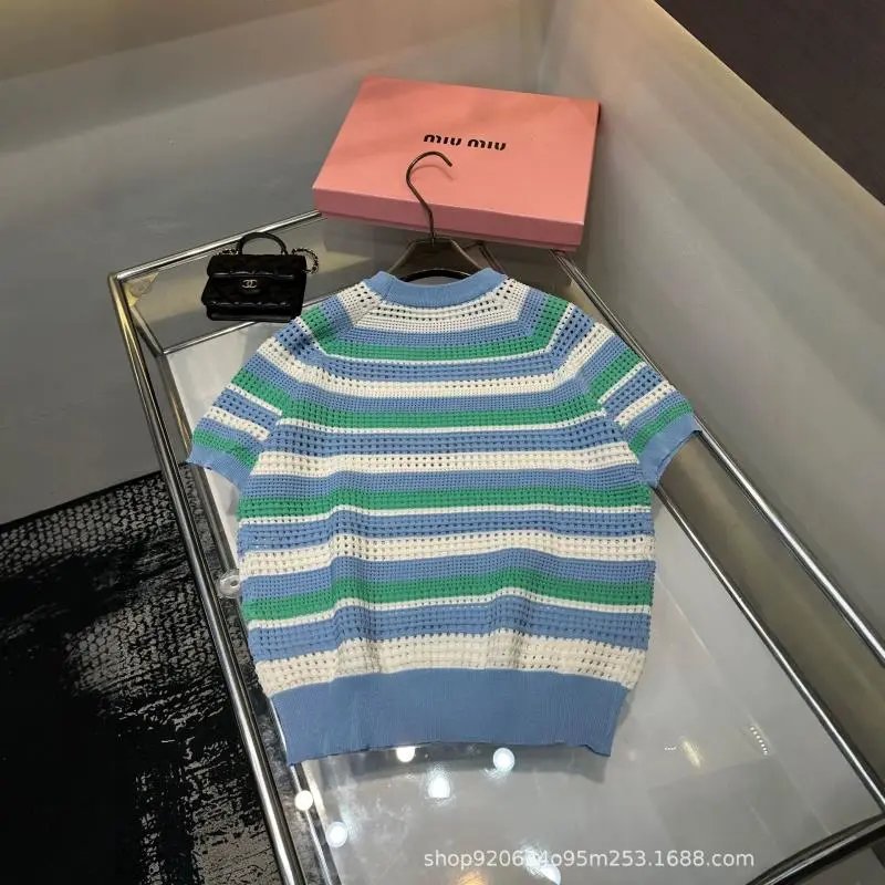 Miu Miu Striped Pink Blue White Crochet Knit Short Sleeve Top