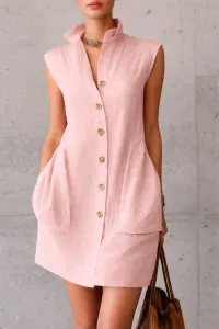 Design Sleeveless Collar Shirt Dress Pink Linen
