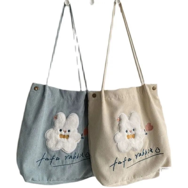 Corduroy Tote Bag Beige Blue Cute Rabbit Embroidery Casual