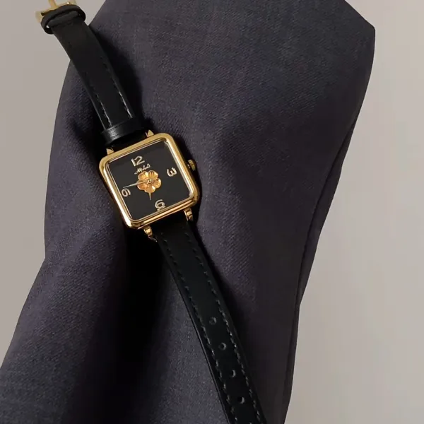 Michael Kors Square Dial Floral Watch Black Leather Strap Watches - 1