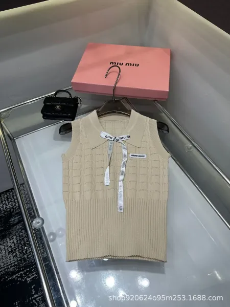 Miu Miu Knit Vest Top with Logo Ribbon White Vest-Top - 5