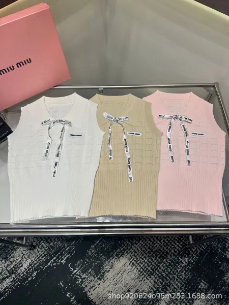 Miu Miu Knit Vest Top with Logo Ribbon White Vest-Top - 8