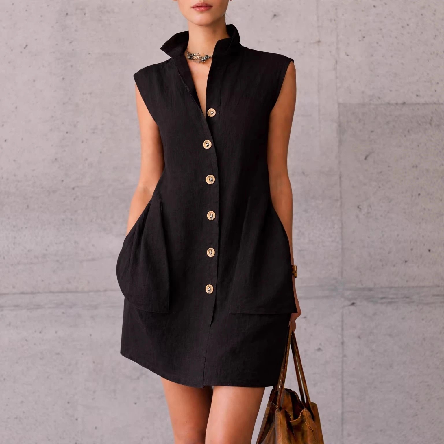 Design Sleeveless Button-Front Shirt Dress in Charcoal Gray - 8