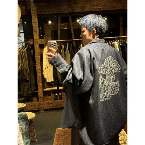 Needles Kimono Jacket Gray Pinstripe with White Rope Motif Outerwear - 4