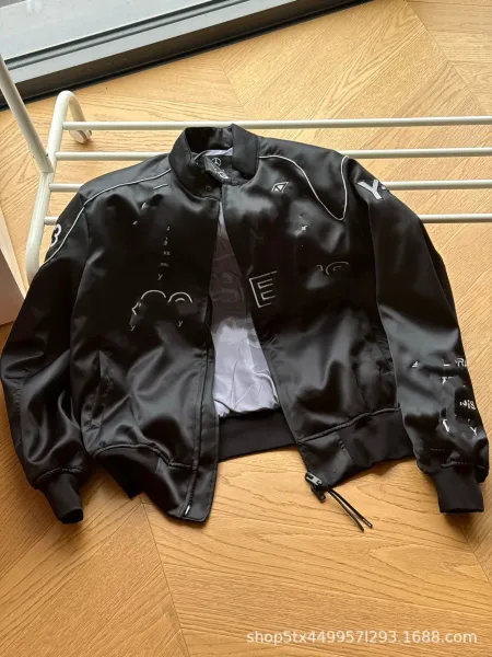 Design Satin Bomber Jacket with Abstract Text Print Black Outerwear - 3