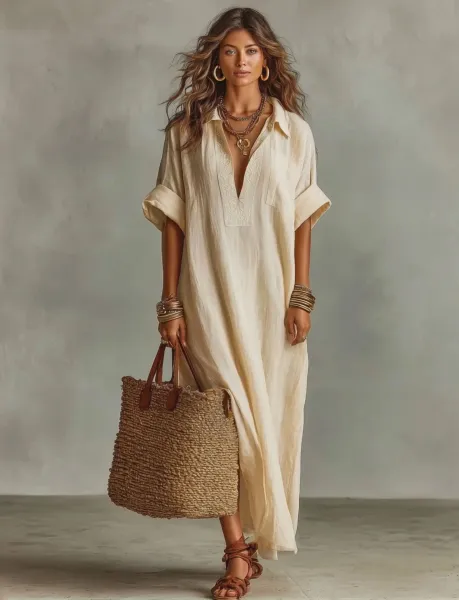 Design Caftan-Style Linen Dress Beige Shirt-Dress - 1