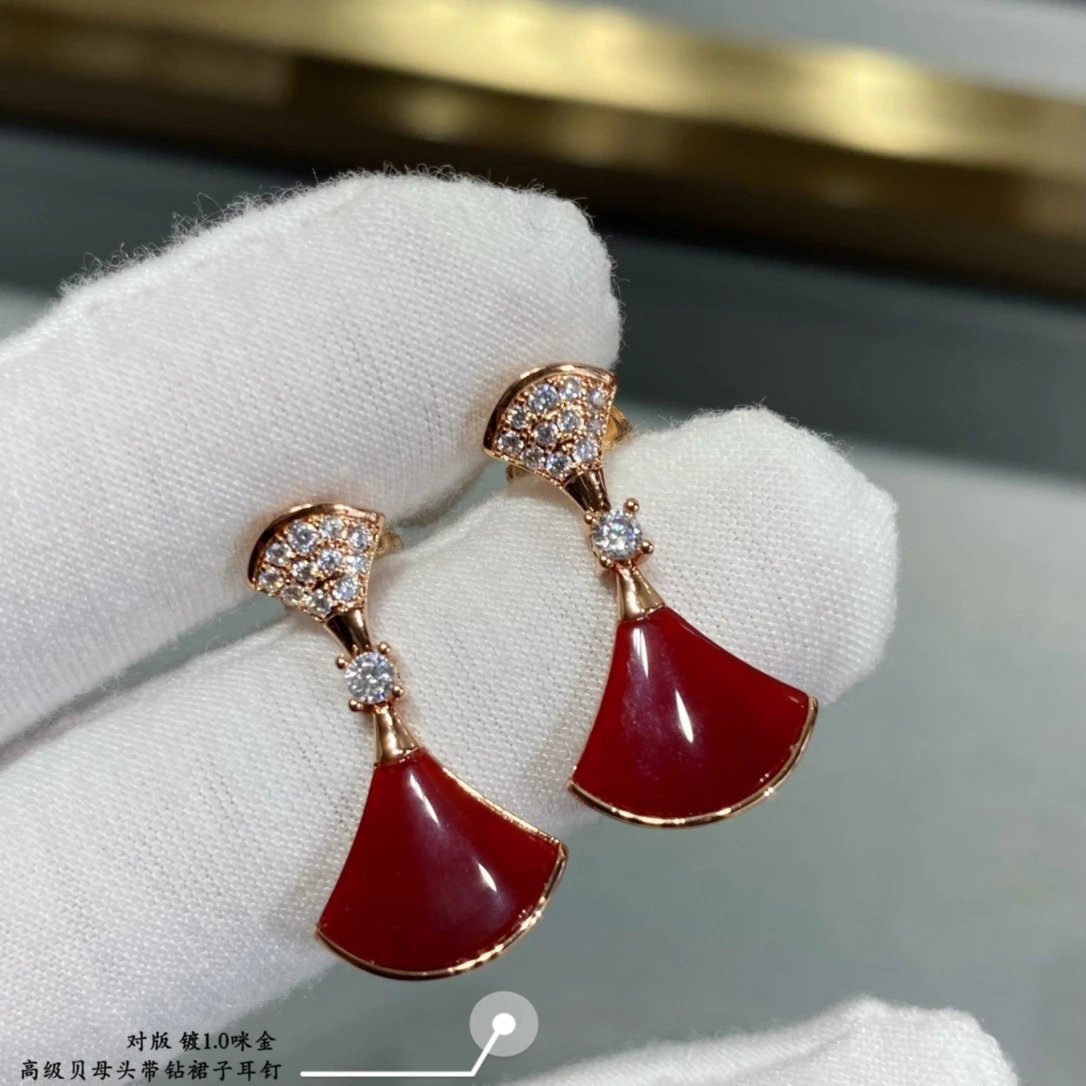 Design Fan-Shaped Enamel Earrings Red Gold Jewelry - 17