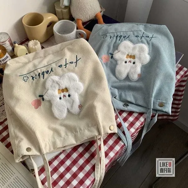 Design Tomato Rabbit Corduroy Tote Bag Beige - 10