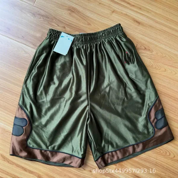 Design Satin Basketball Shorts Olive Green with Brown Panels - 1
