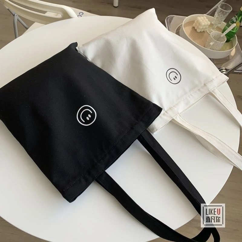 Canvas Tote Bag Black White Smiley Face Casual