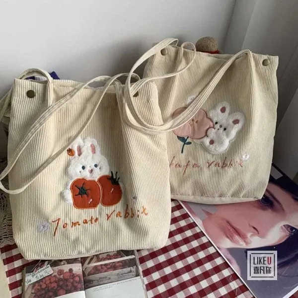 Design Tomato Rabbit Corduroy Tote Bag Beige - 23