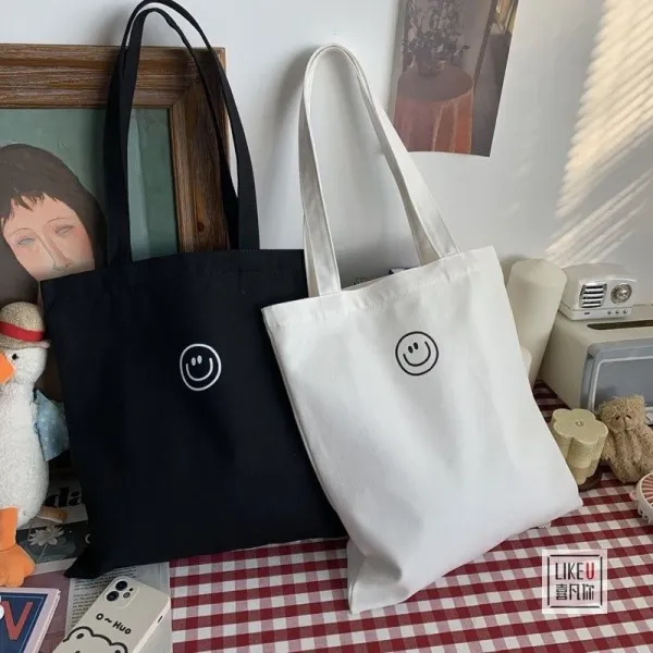 Design Smiley Face Canvas Tote Bag Black - 13
