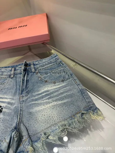 Miu Miu Distressed Denim Shorts with Crystal Cross Embroidery Light Blue Jeans - 4