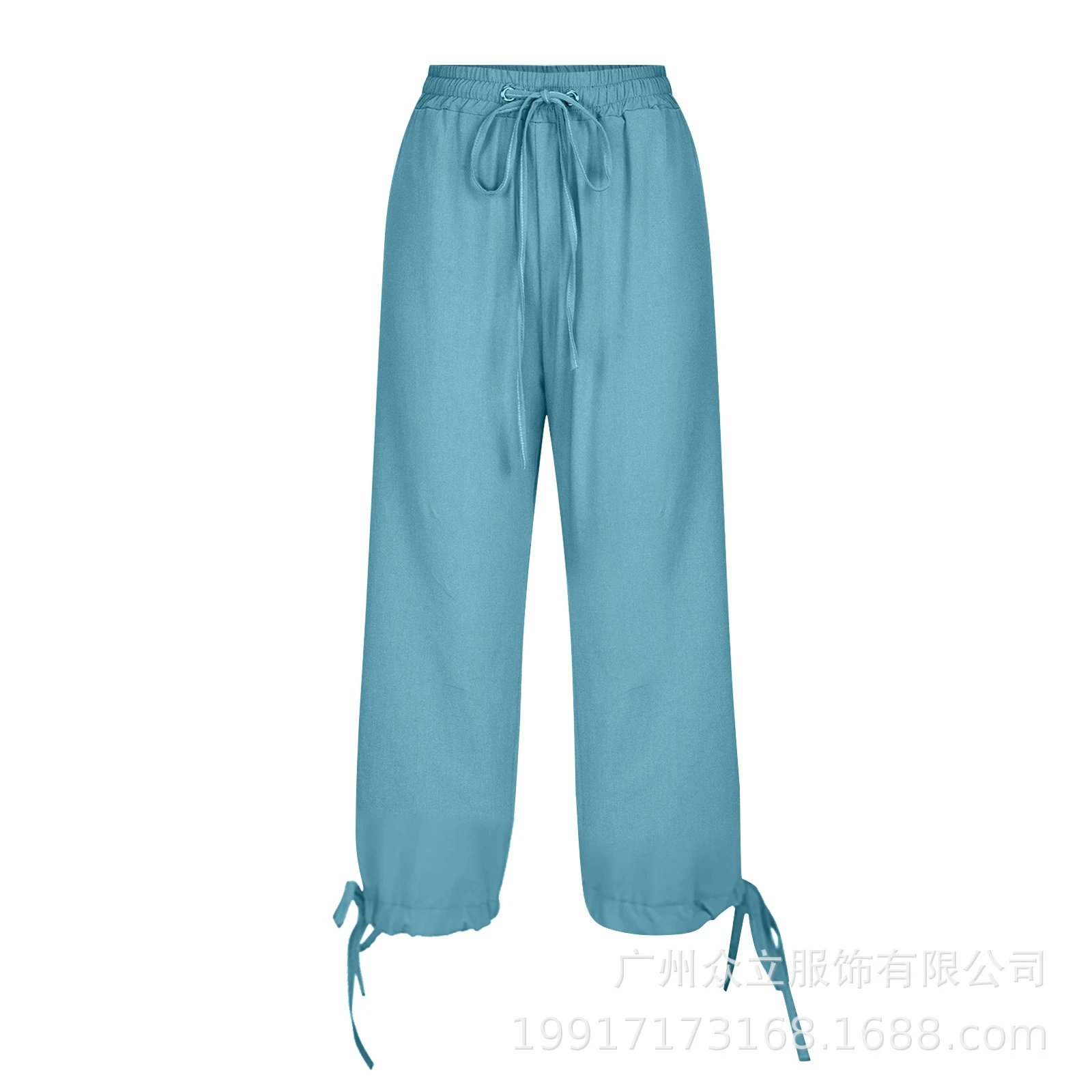 Design Capri Pants Light Blue Drawstring Waist with Cuff Ties - 32