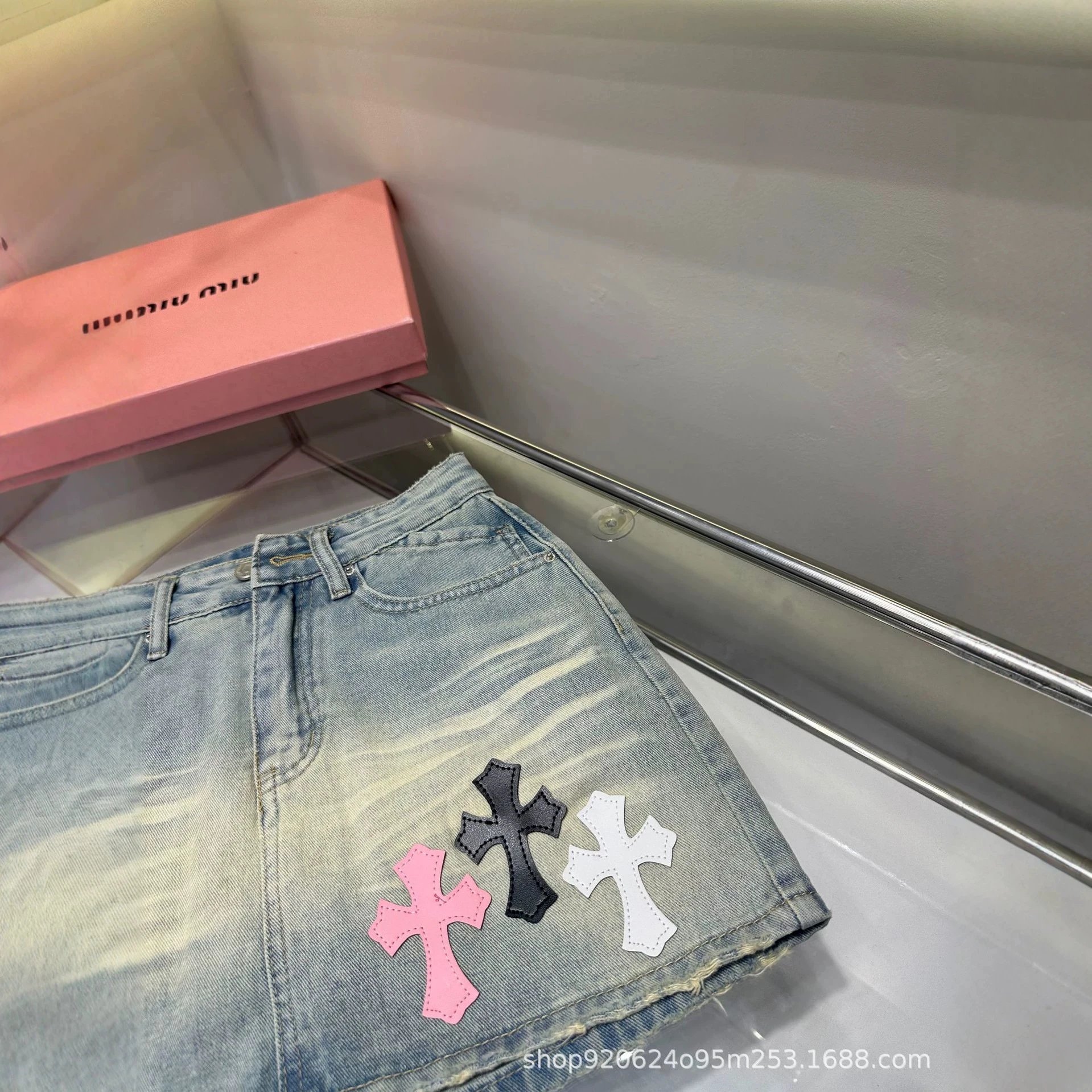 Miu Miu Denim Skirt Light Blue Cross-Embellished Mini Skirt