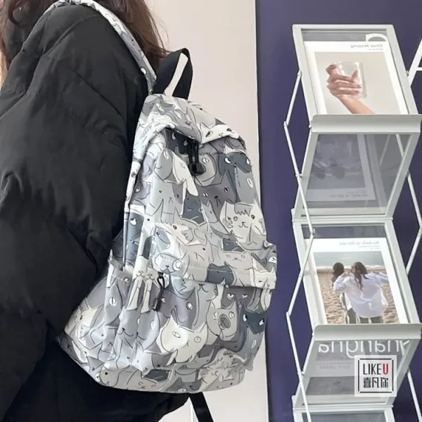 Design Cat Print Gray Multicolor Casual Backpack - 5