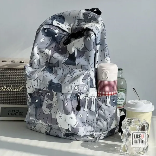 Design Cat Print Gray Multicolor Casual Backpack - 13