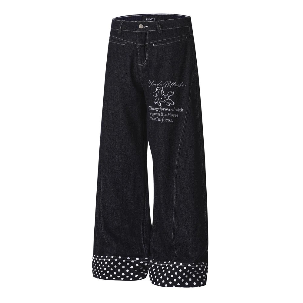 Design Rinde Horse Year Fairfocus Wide-Leg Jeans Black with Polka Dot Cuffs Jeans