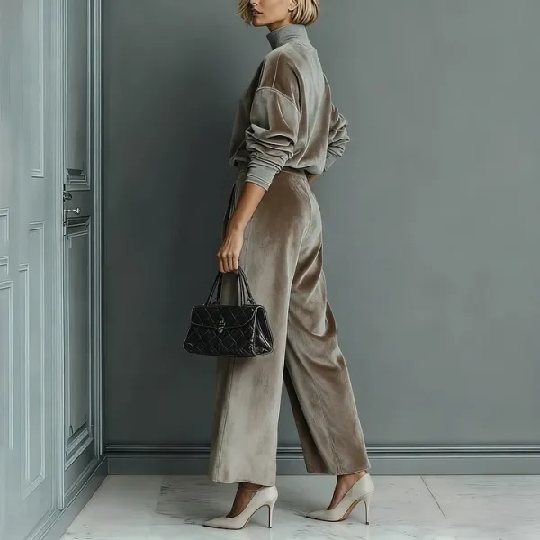 Design Velvet Turtleneck Top and Wide-Leg Pants Set Red Sets - 5