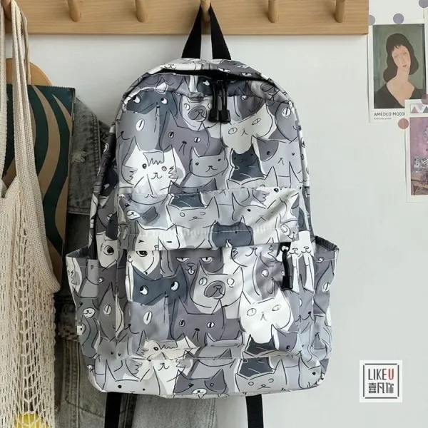 Design Cat Print Gray Multicolor Casual Backpack - 25