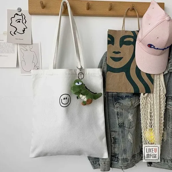 Design Smiley Face Canvas Tote Bag Black - 28