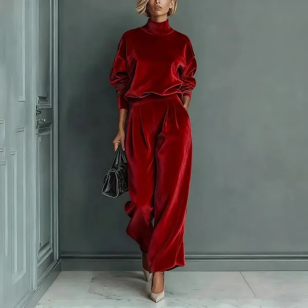 Design Velvet Turtleneck Top and Wide-Leg Pants Set Red Sets - 8